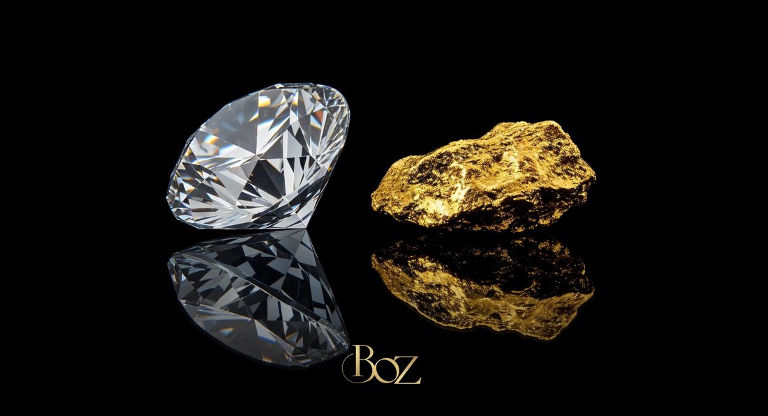 A picture of a diamond stone and gold bar