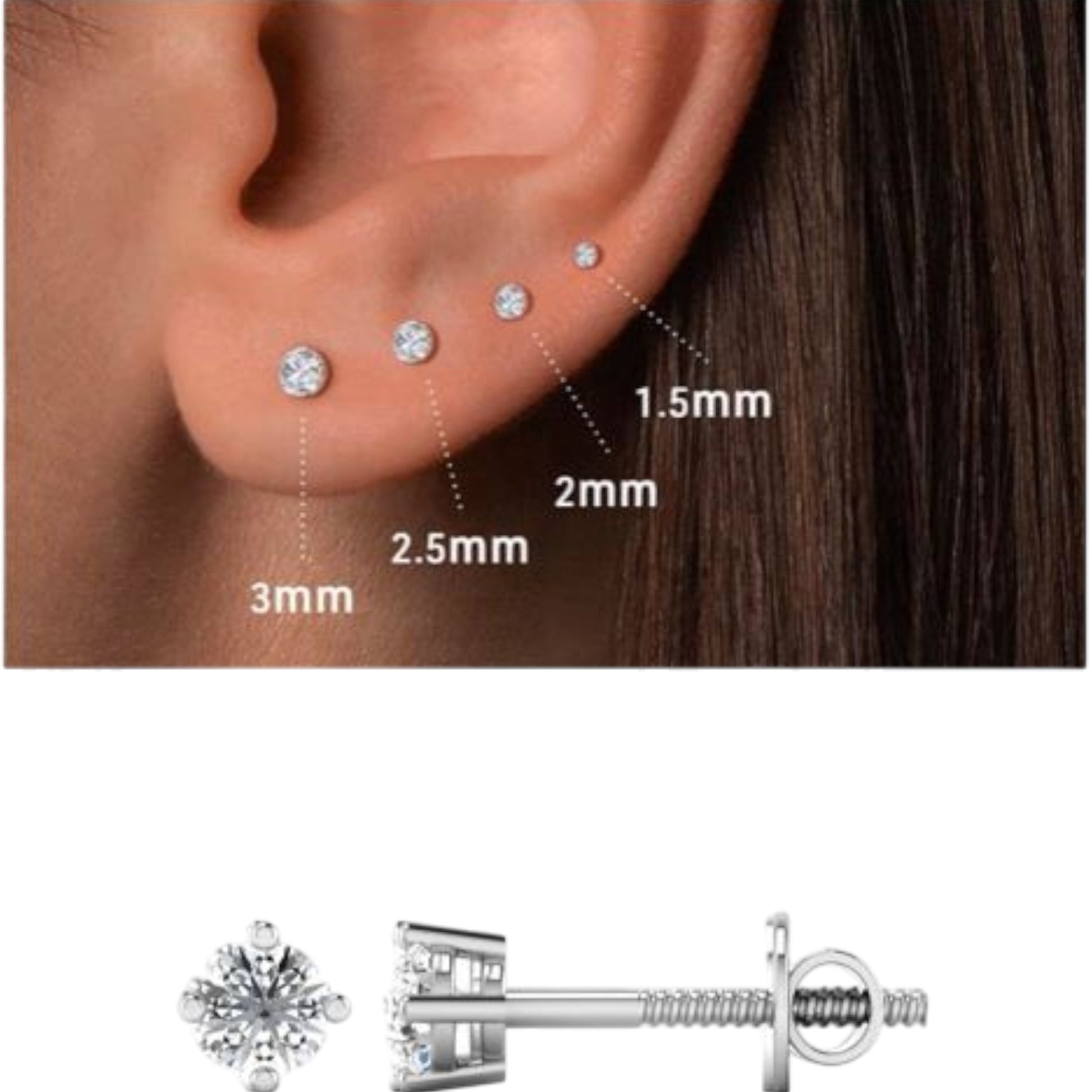 Earring displayed on an ear with size measurements and a close-up of the earring below.