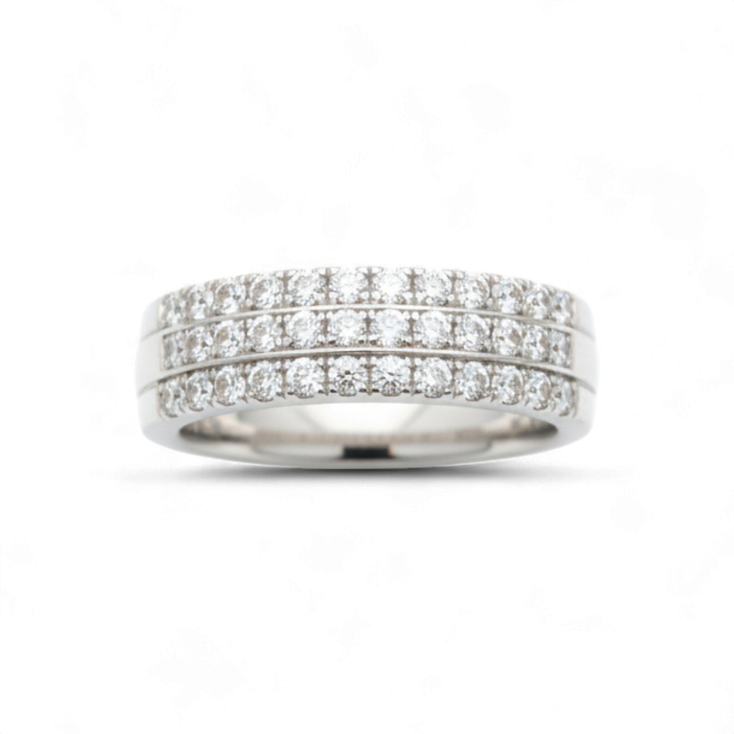 Silver ring with multiple rows of diamonds on a white background