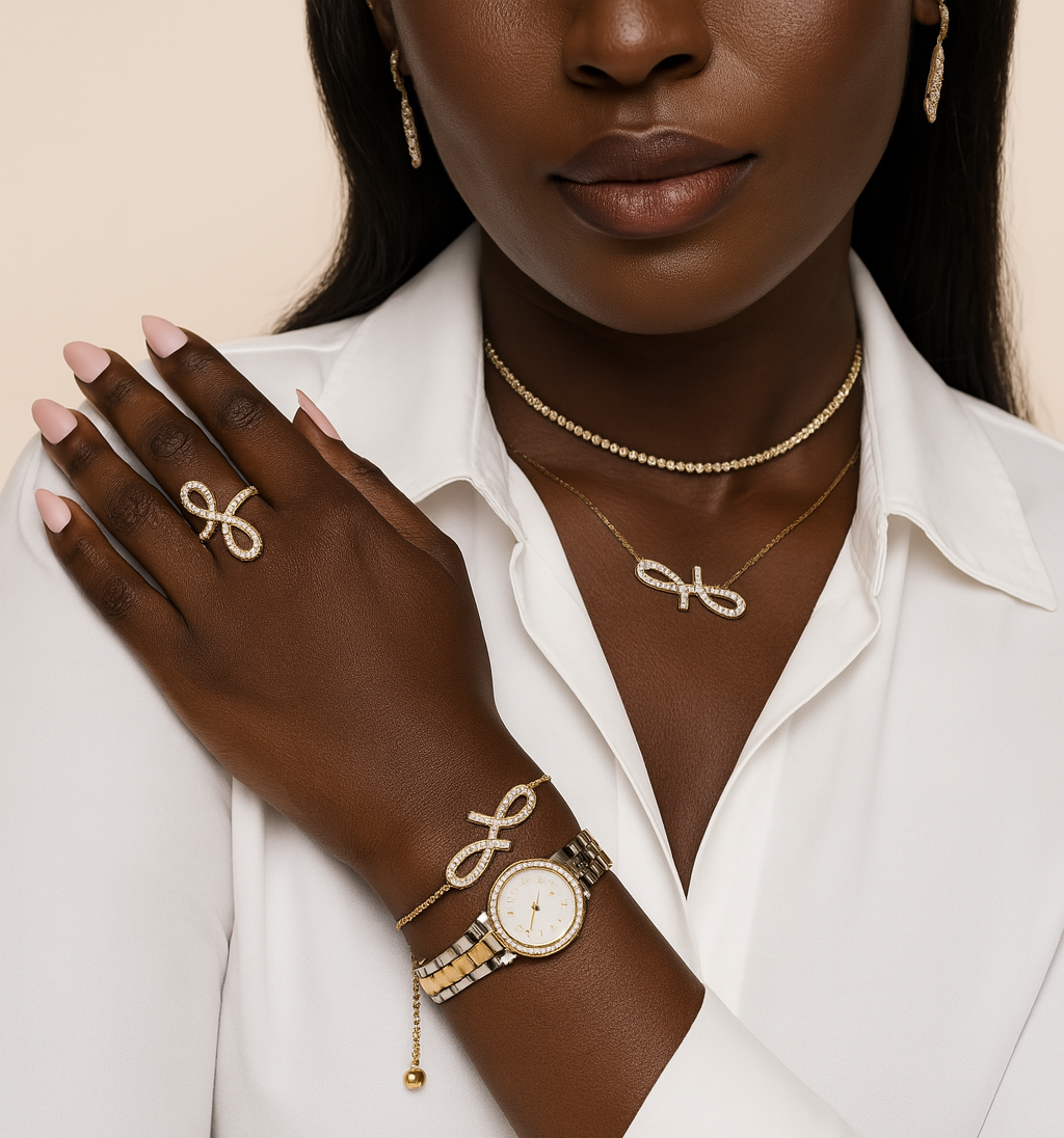 Woman wearing gold jewelry including a watch, bracelet, and ring on a beige background