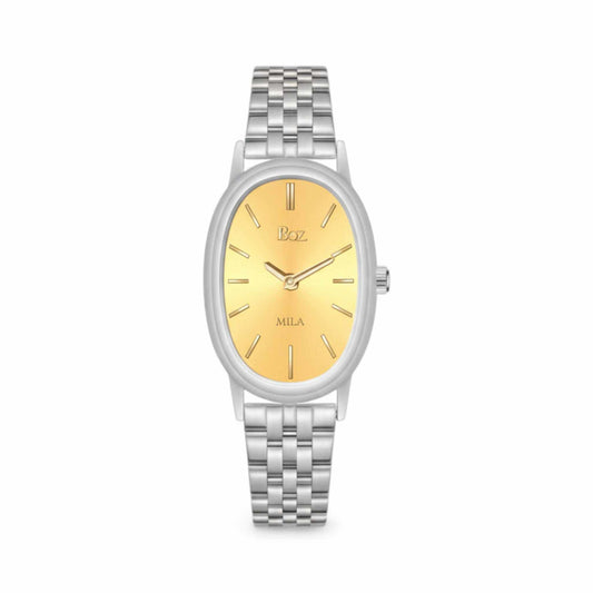 Watch with gold face and silver metal strap on white background