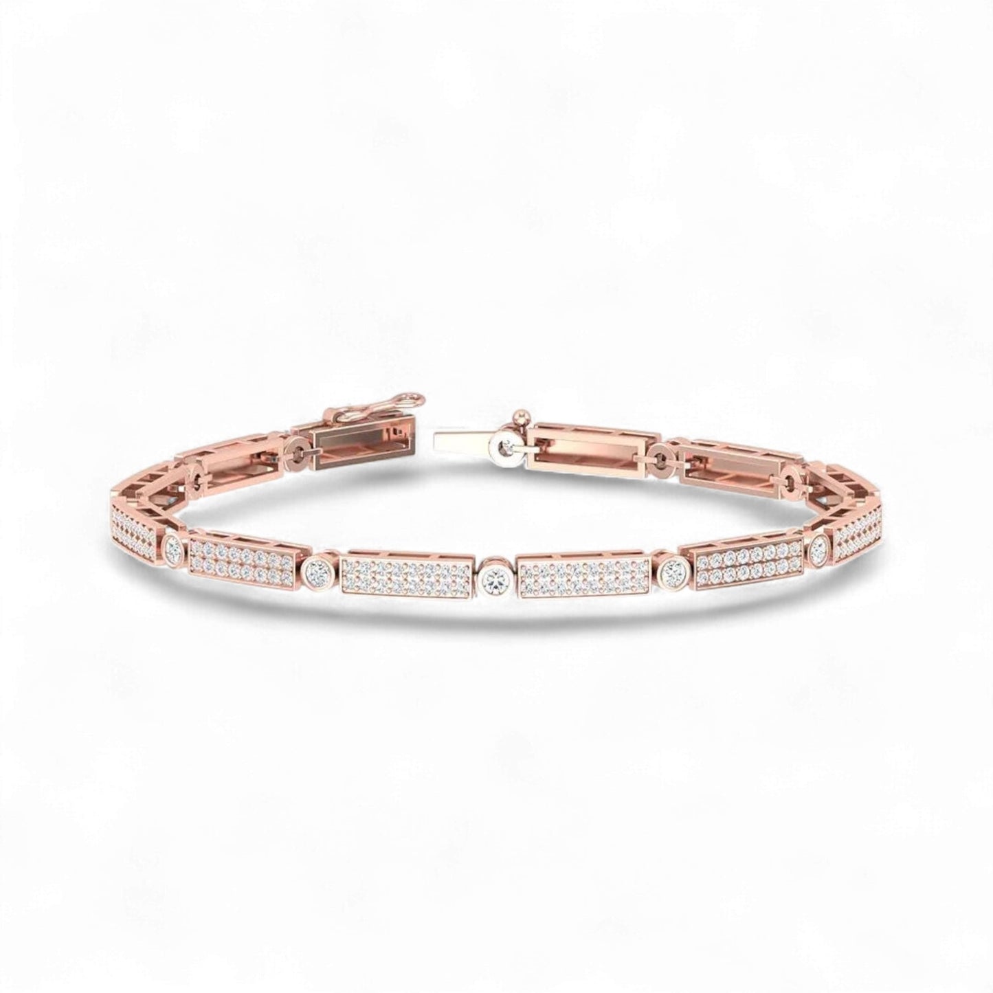 Rose gold bracelet with diamonds on a white background