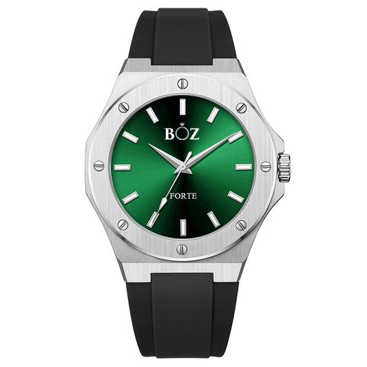A BOZ Forte watch with a green dial, silver case, and black rubber strap.