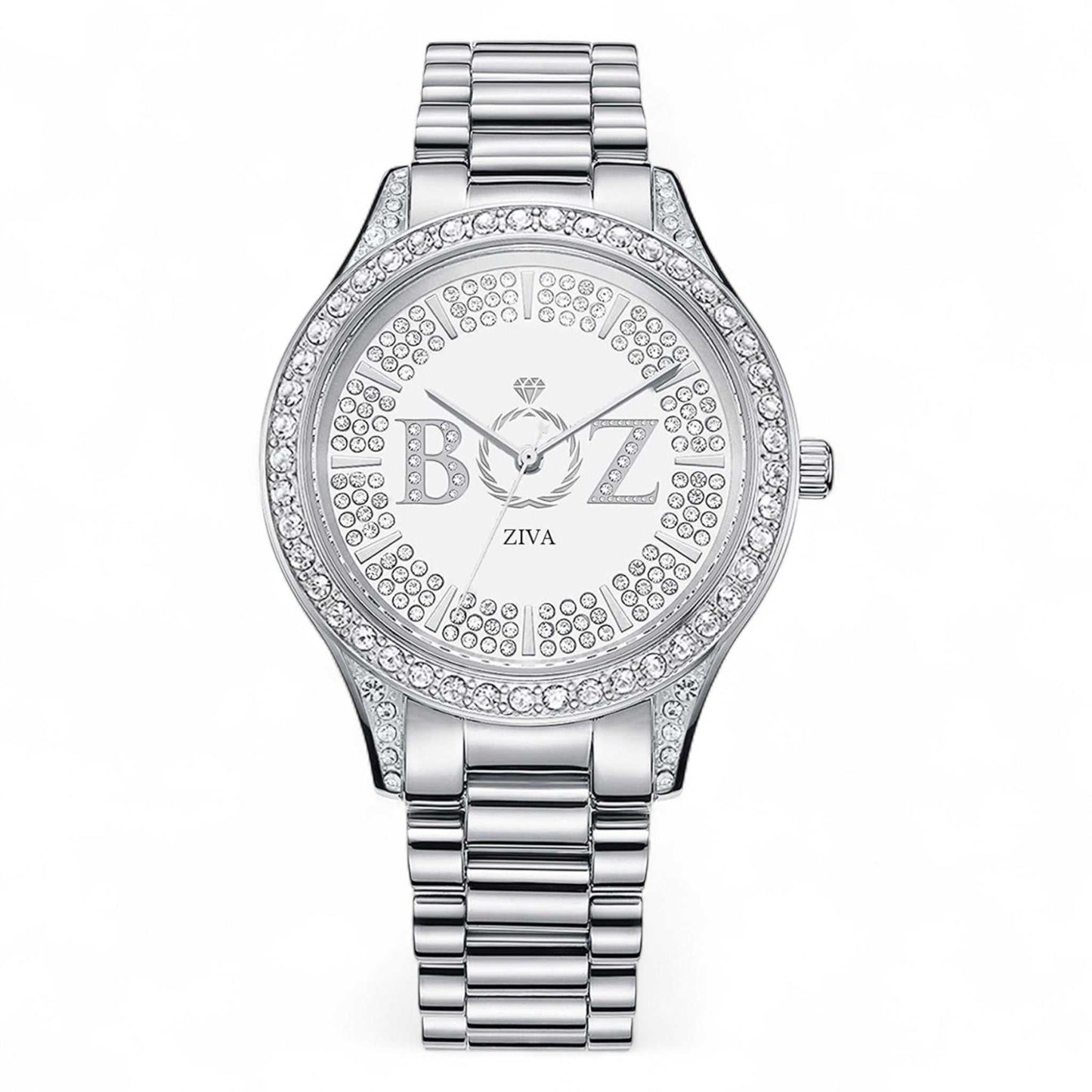 Silver watch with 'BOZ' and 'ZIVA' branding on a white background