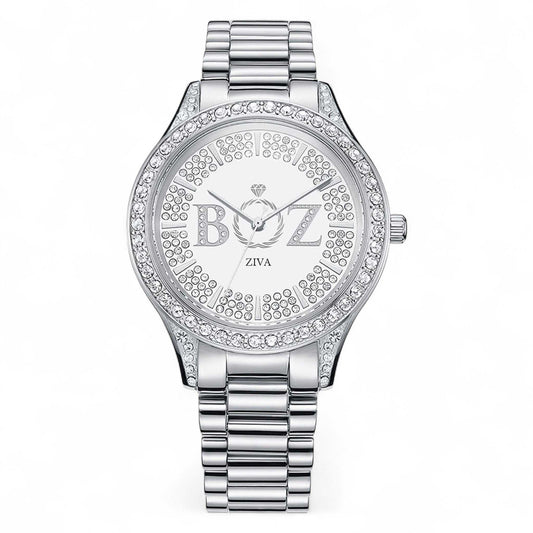 Silver watch with 'BOZ' and 'ZIVA' branding on a white background