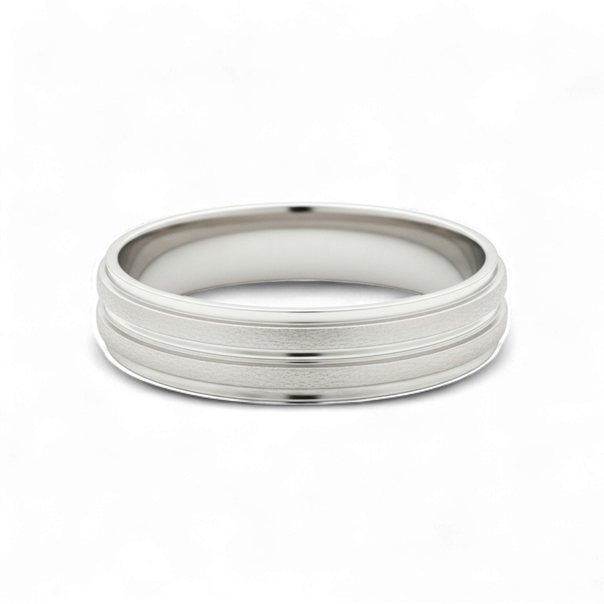 Silver ring with a textured band on a white background