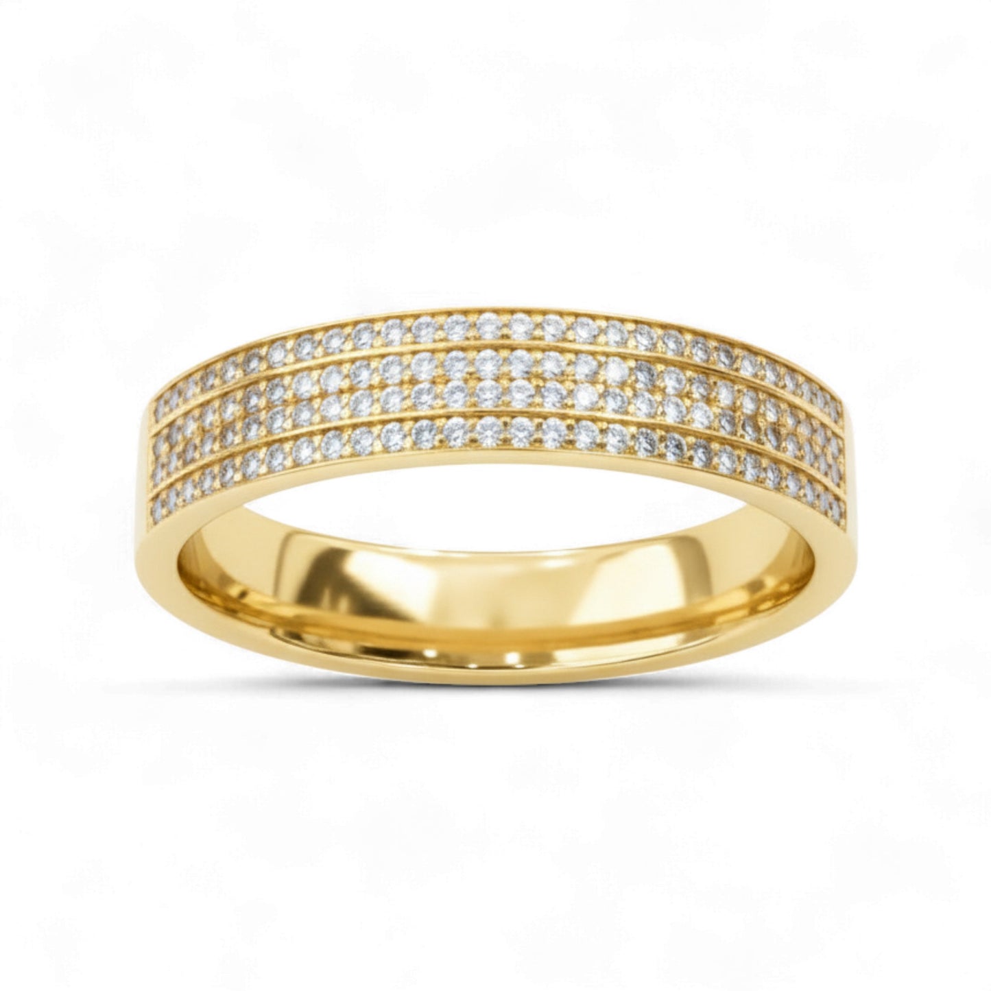 Gold ring with diamond accents on a white background
