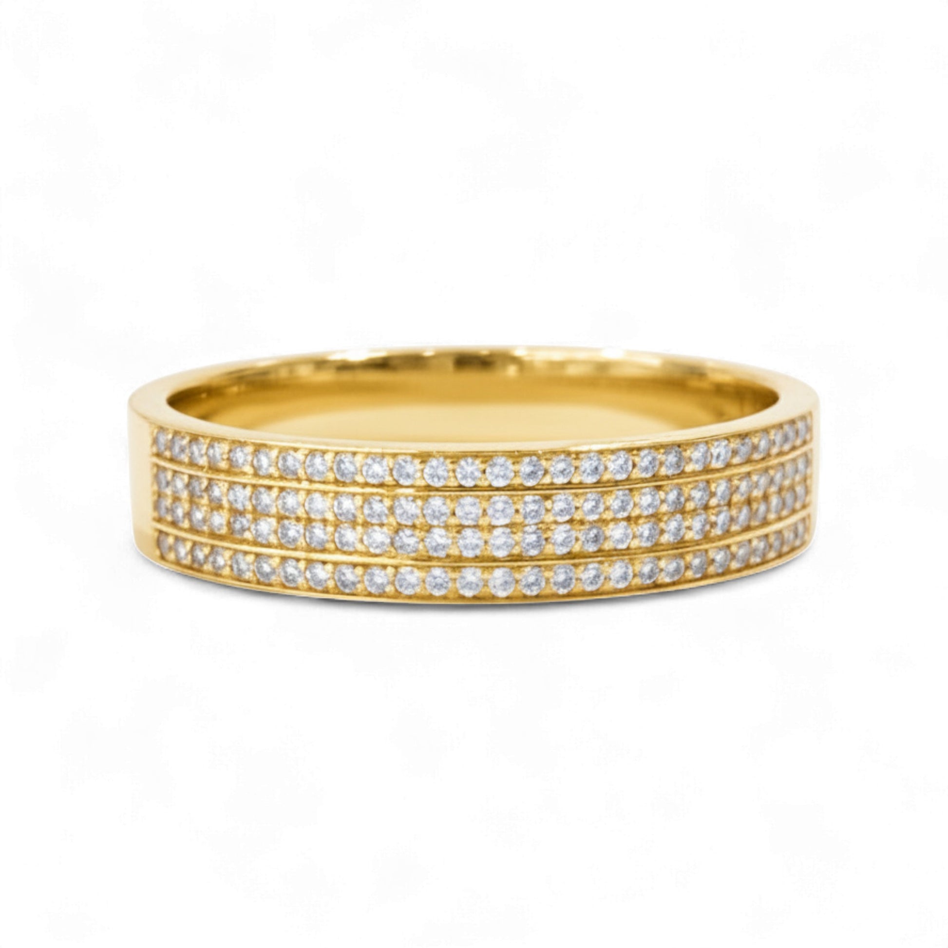 Gold ring with multiple rows of diamonds on a white background