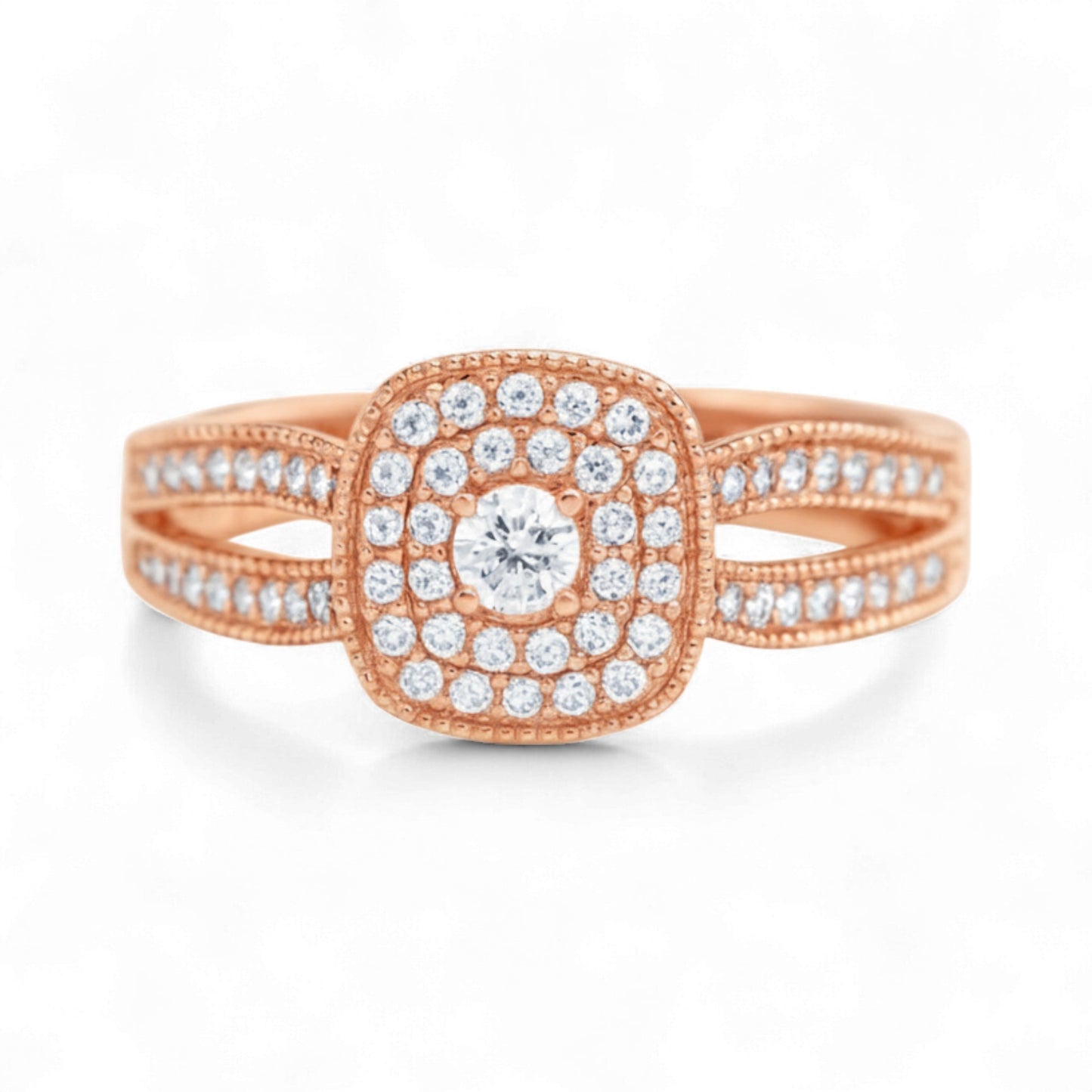 Rose gold ring with diamond accents on a white background