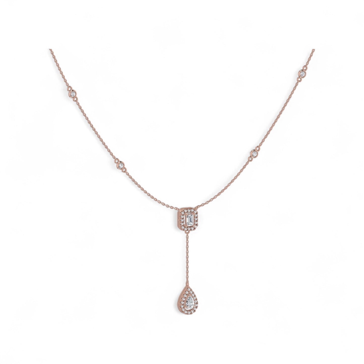 Rose gold necklace with a diamond pendant on a white background