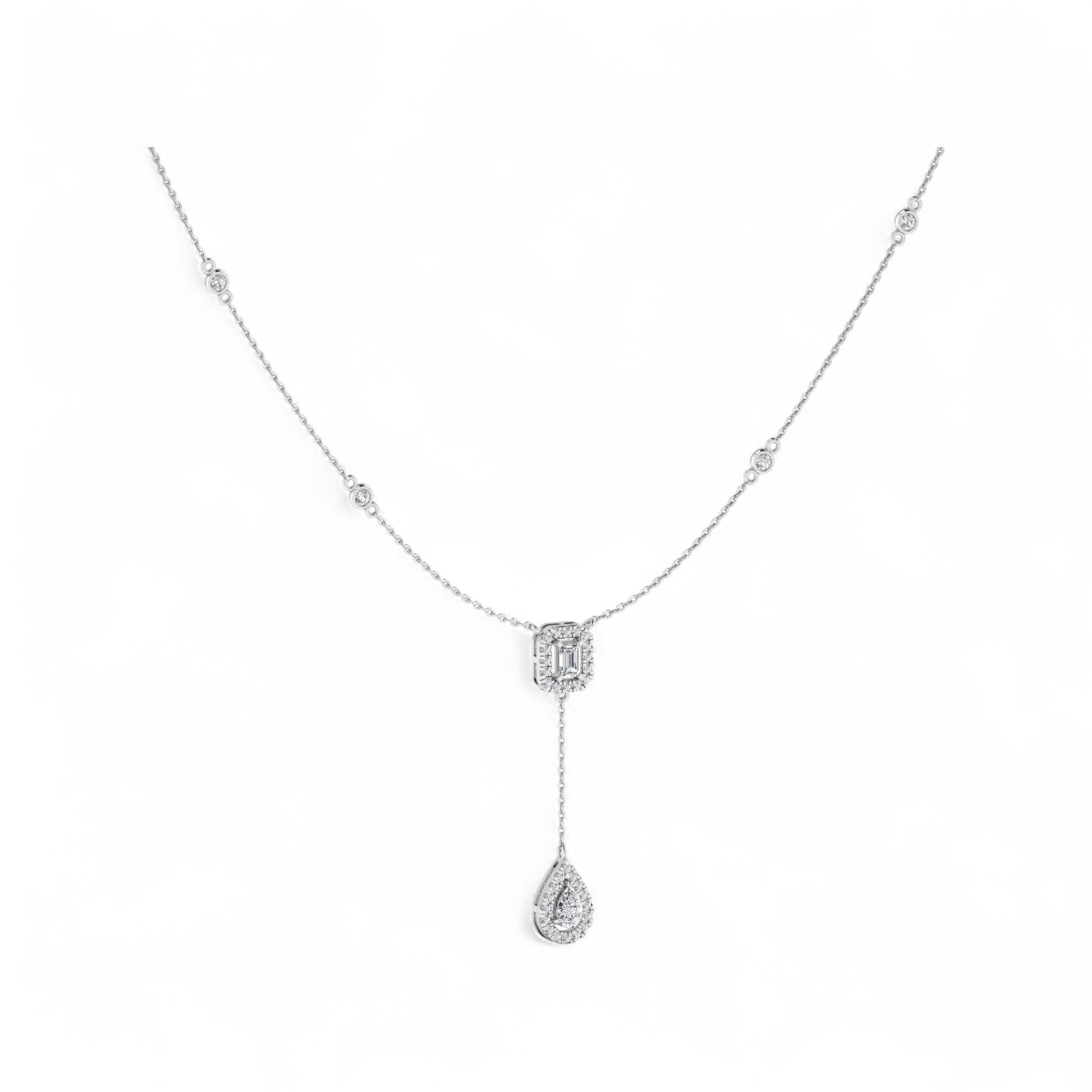 Silver necklace with a teardrop pendant on a white background