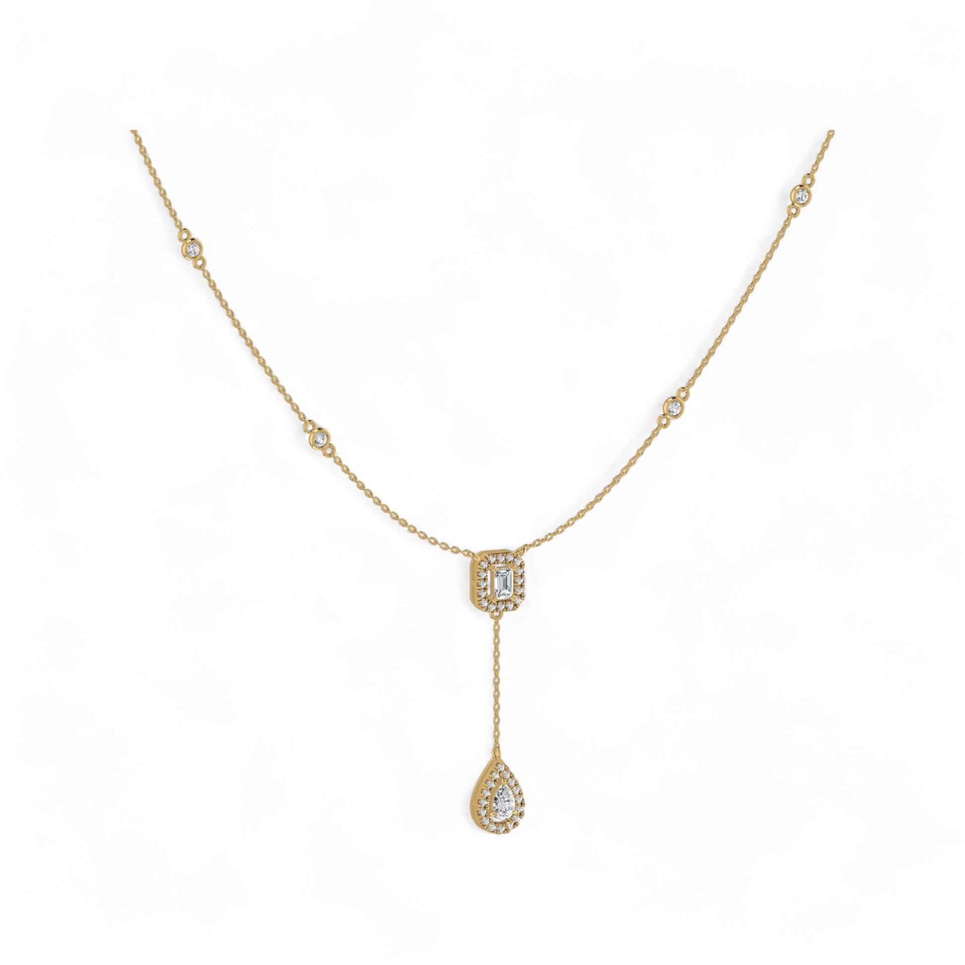 Gold necklace with a teardrop-shaped pendant on a white background