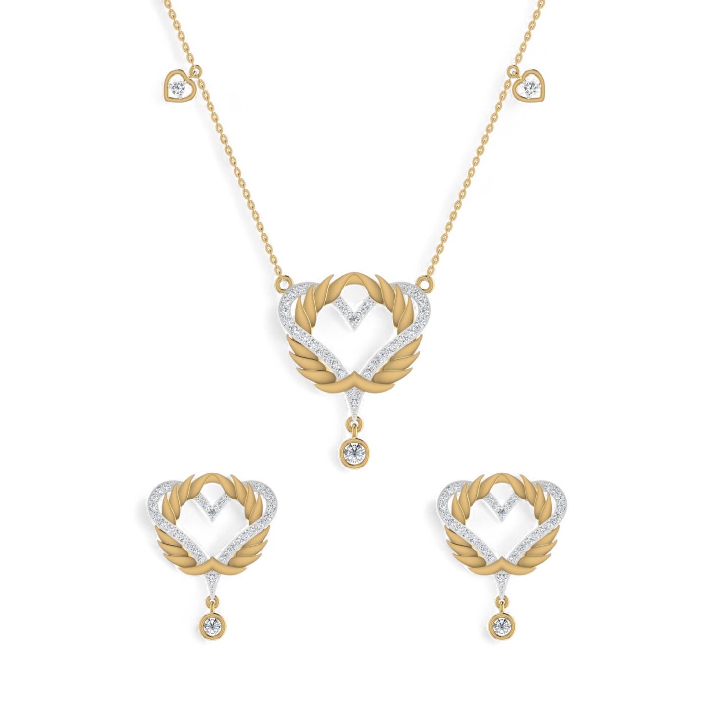 Gold and silver heart-shaped necklace and earrings on a white background
