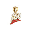 A gold-plated '100' anniversary pendant charm, embellished with small clear crystals on the numerals and accented with a red enamel swoosh underneath, shown on a plain white background.