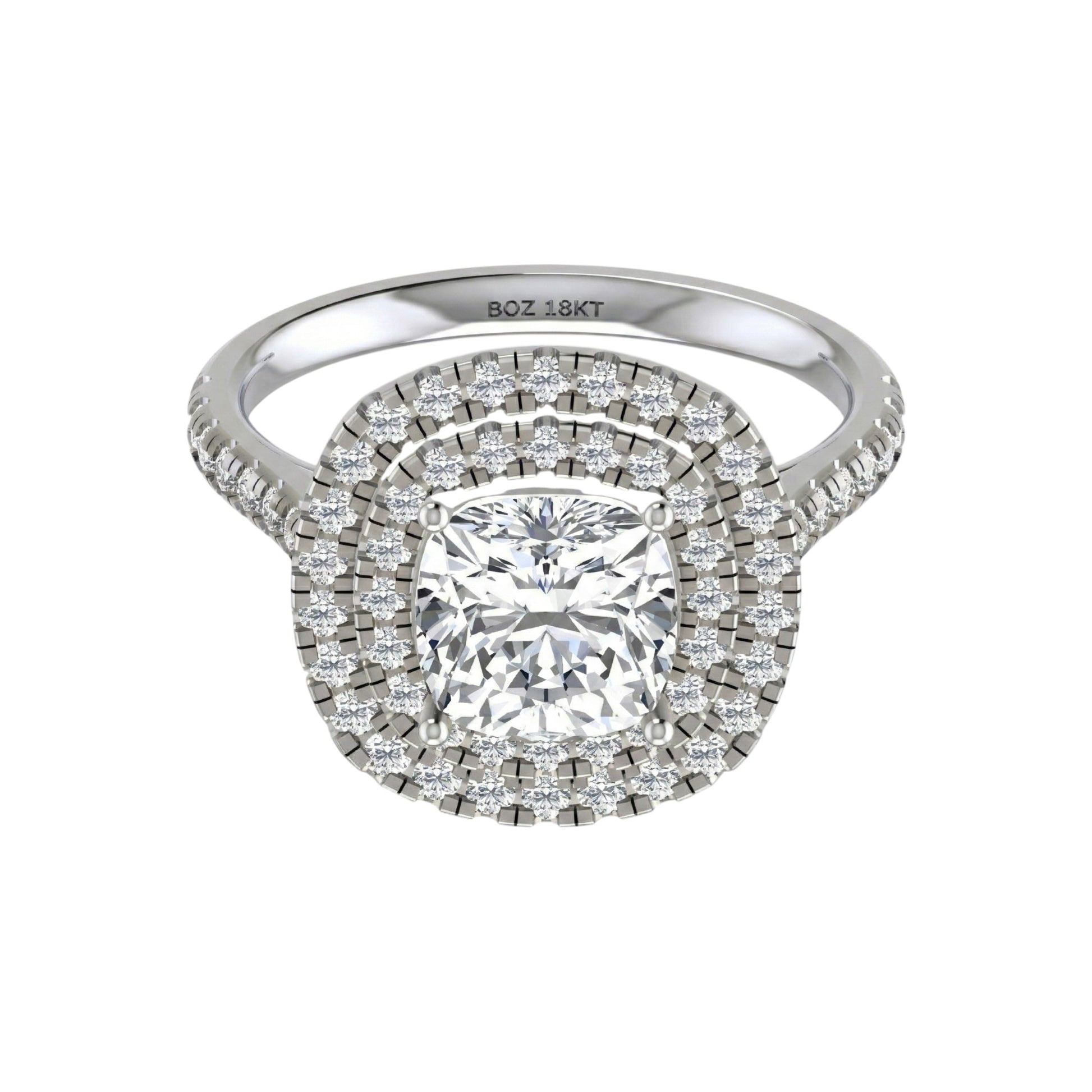 Diamond ring with a double halo on a white background