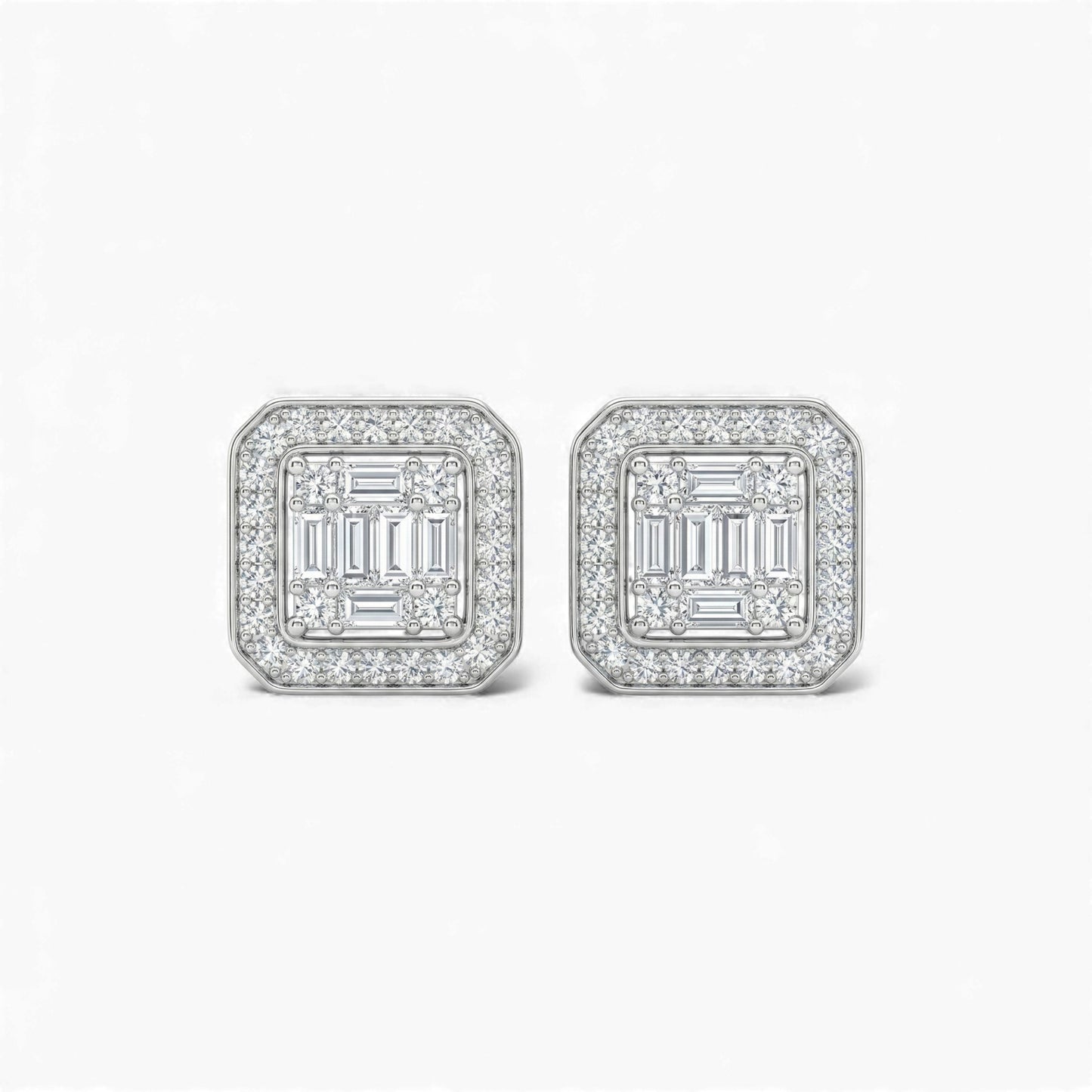 Pair of square-shaped diamond earrings on a light gray background