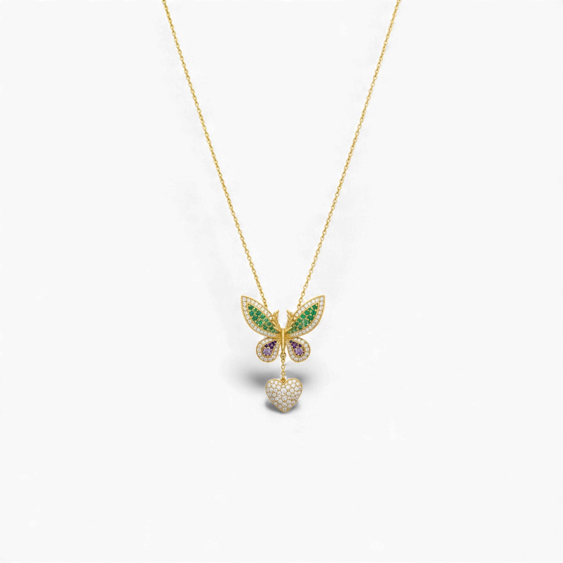 Butterfly-shaped necklace with gemstones on a white background