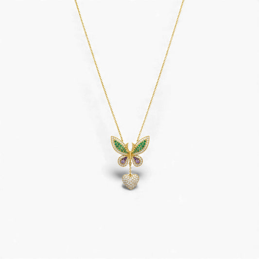 Butterfly-shaped necklace with gemstones on a white background