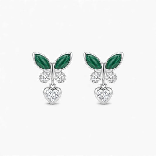 Pair of earrings with green leaf-like designs and heart-shaped elements on a white background