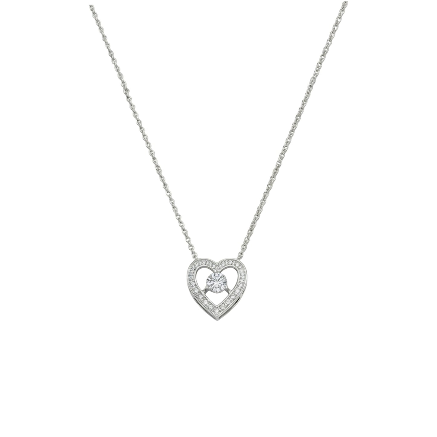 Silver necklace with a heart-shaped pendant on a white background