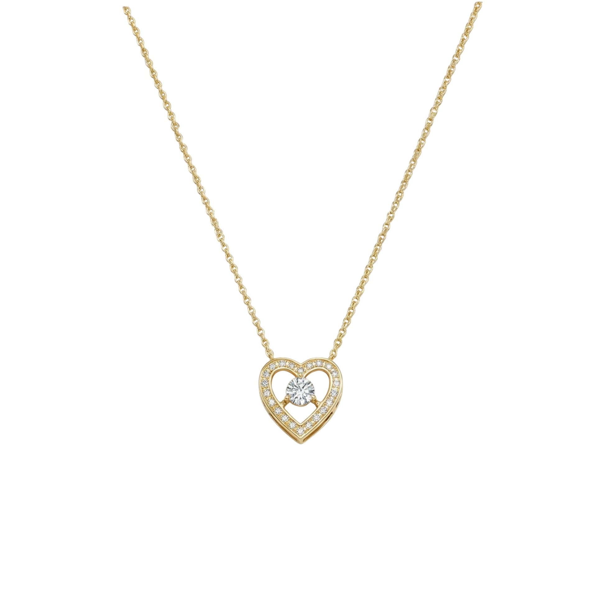 Gold heart-shaped necklace with a diamond on a white background