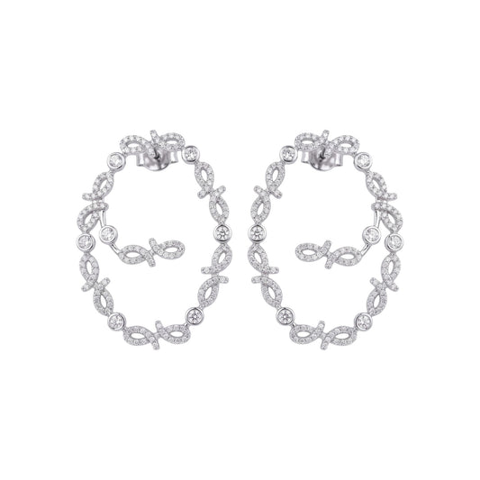 A pair of silver-tone hoop earrings adorned with small clear stones and openwork scroll motifs, shown on a plain white background.