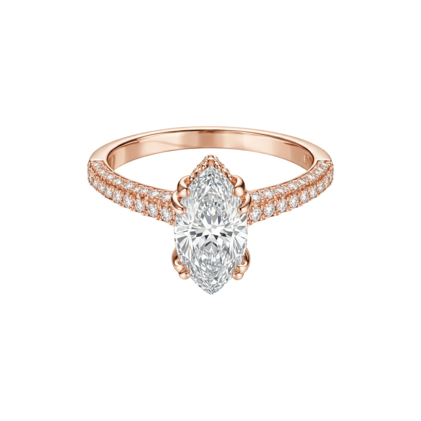 Rose gold ring with a large diamond and smaller diamonds on the band against a white background