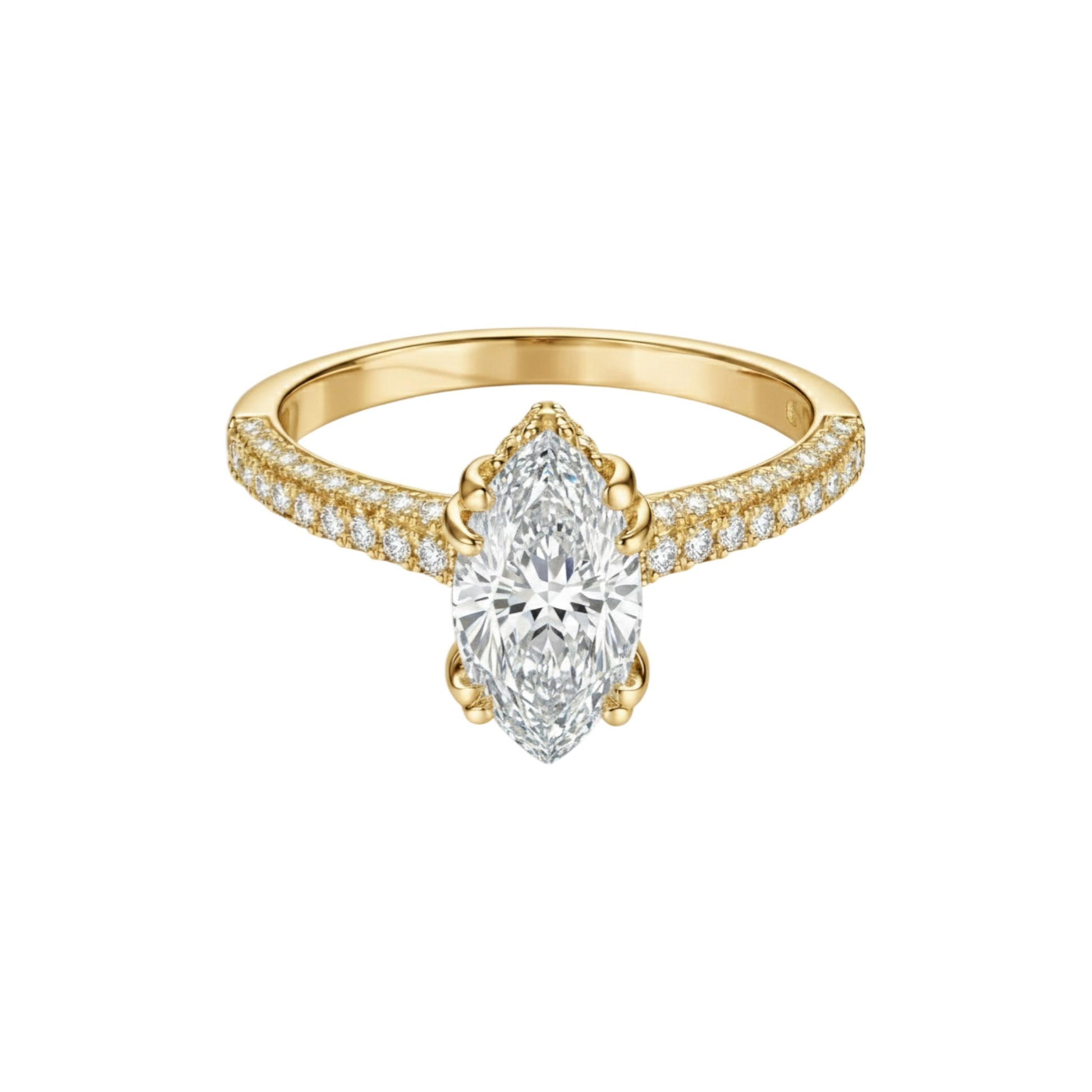Gold ring with a large diamond and smaller diamonds on the band against a white background