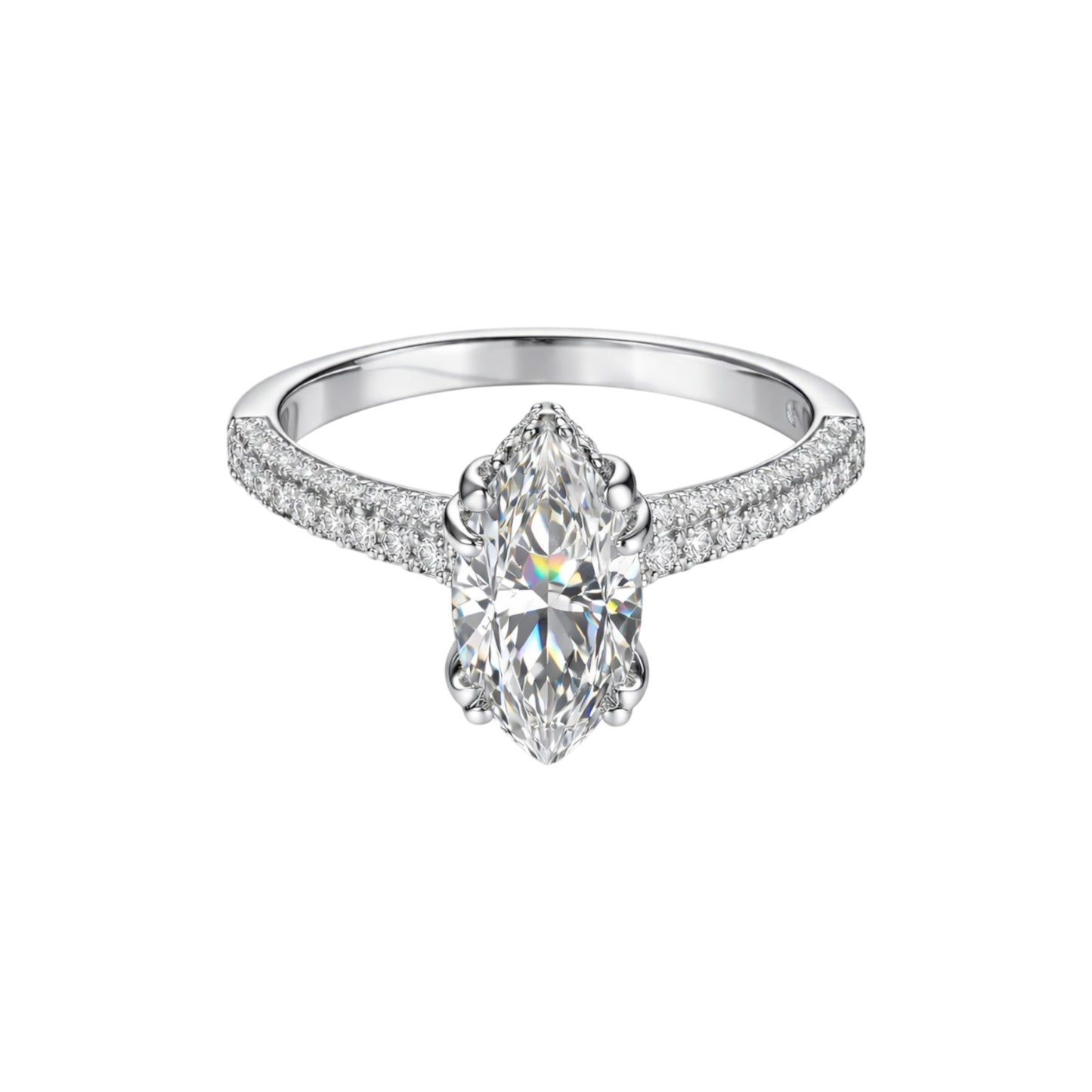 Diamond ring with a pear-shaped center stone on a white background
