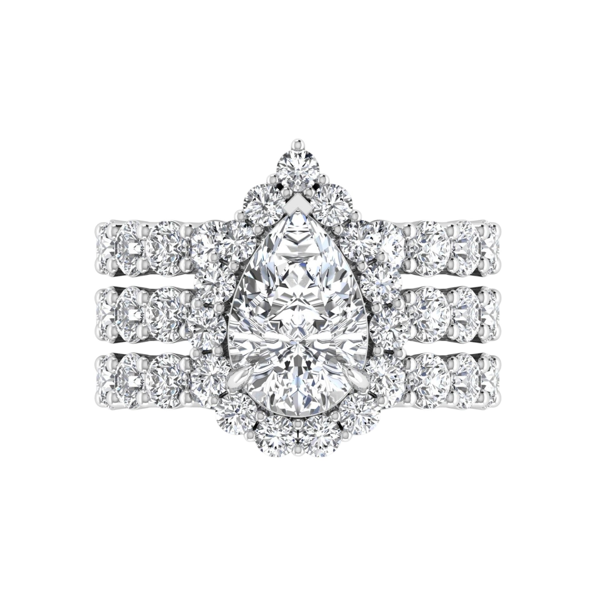 Diamond ring with a pear-shaped center stone on a white background