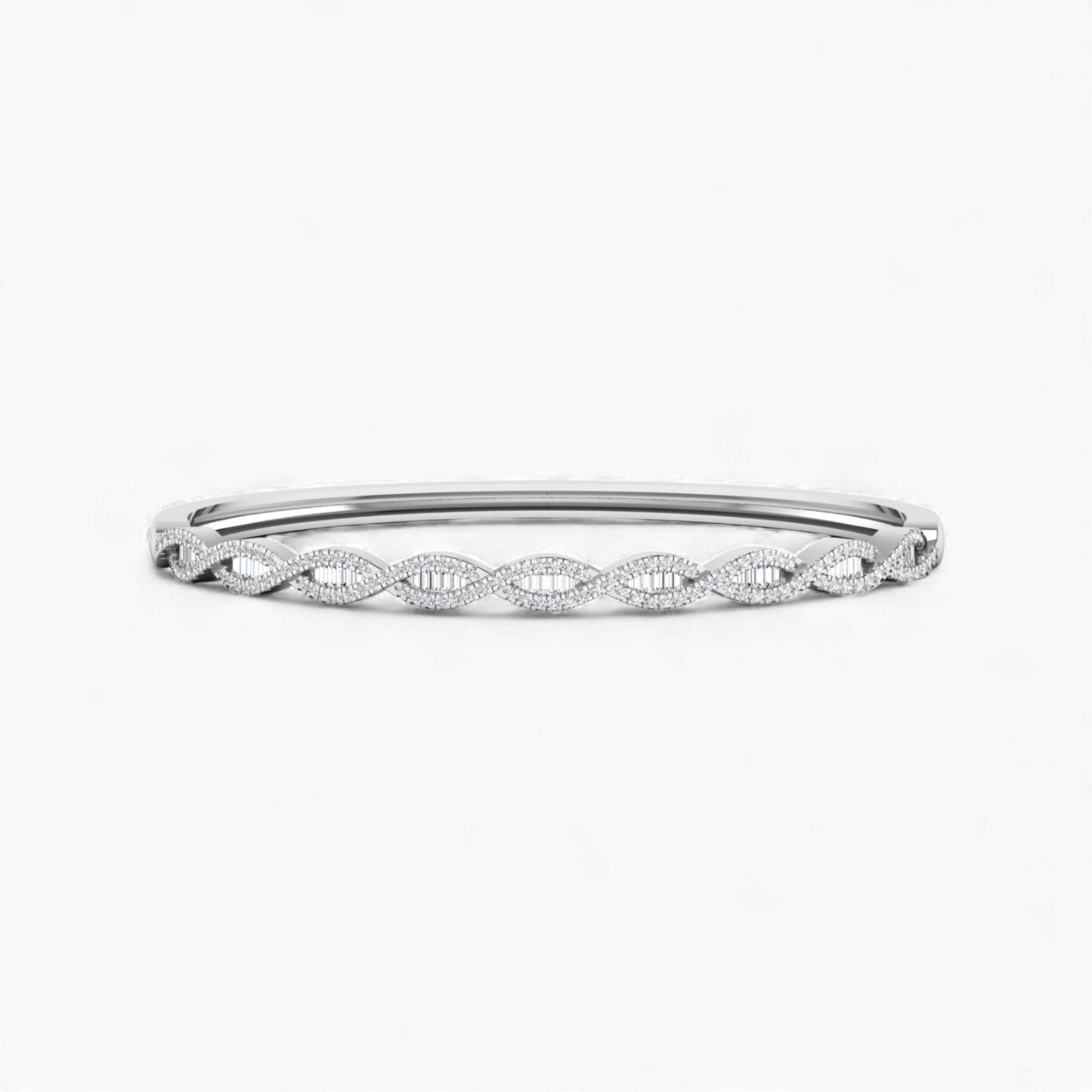 Silver bracelet with intricate design on a white background