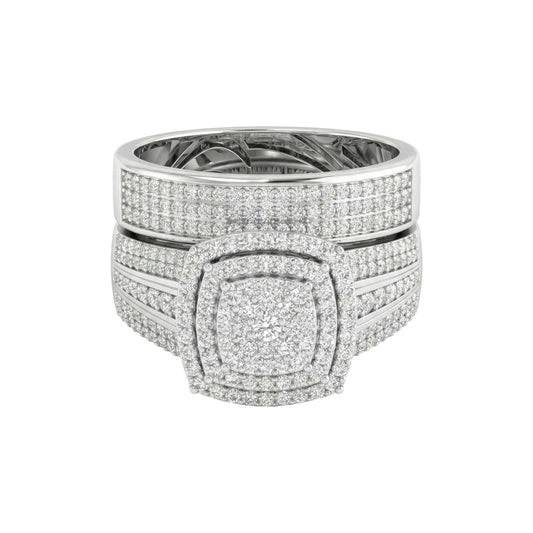 Stack of silver rings with diamond accents on a white background