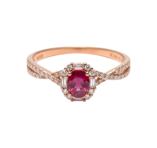 Rose gold ring with a pink gemstone and diamond accents on a white background