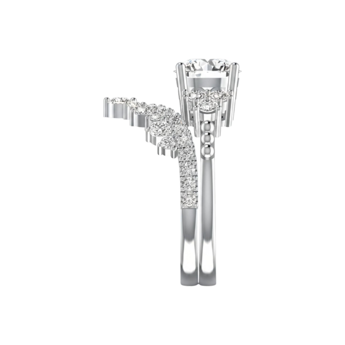 Pair of silver earrings with clear gemstones on a white background