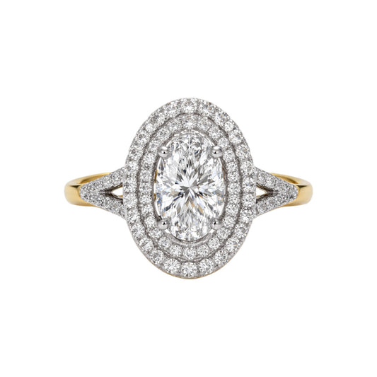 Diamond ring with a central gemstone and smaller stones on a white background