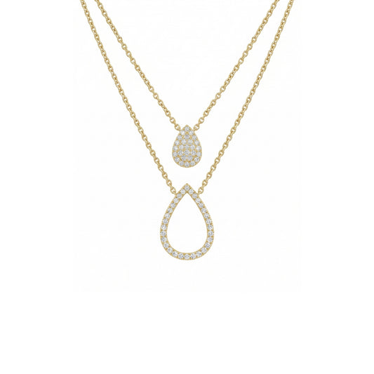 Gold necklace with teardrop-shaped pendant on a white background