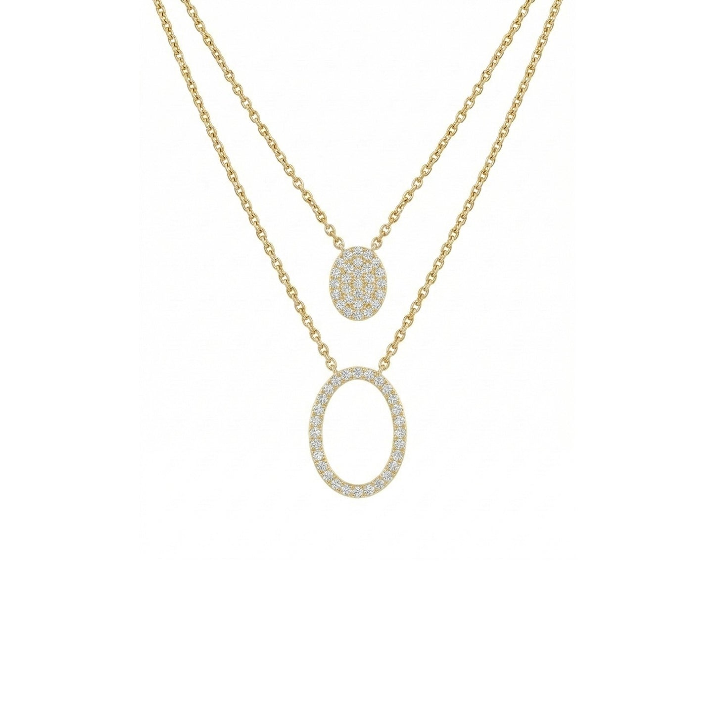 Gold necklace with two pendant designs on a white background