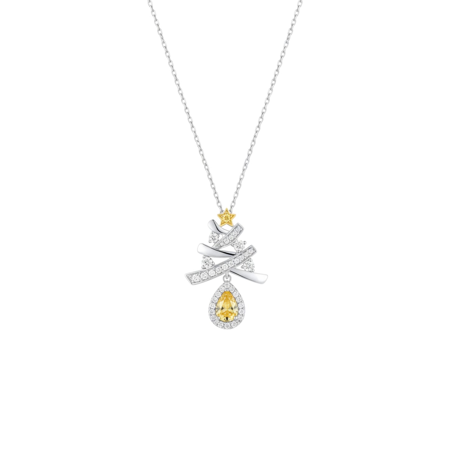 Necklace with a teardrop-shaped yellow gemstone pendant on a white background