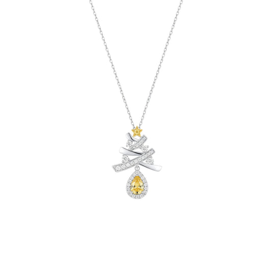 Necklace with a teardrop-shaped yellow gemstone pendant on a white background