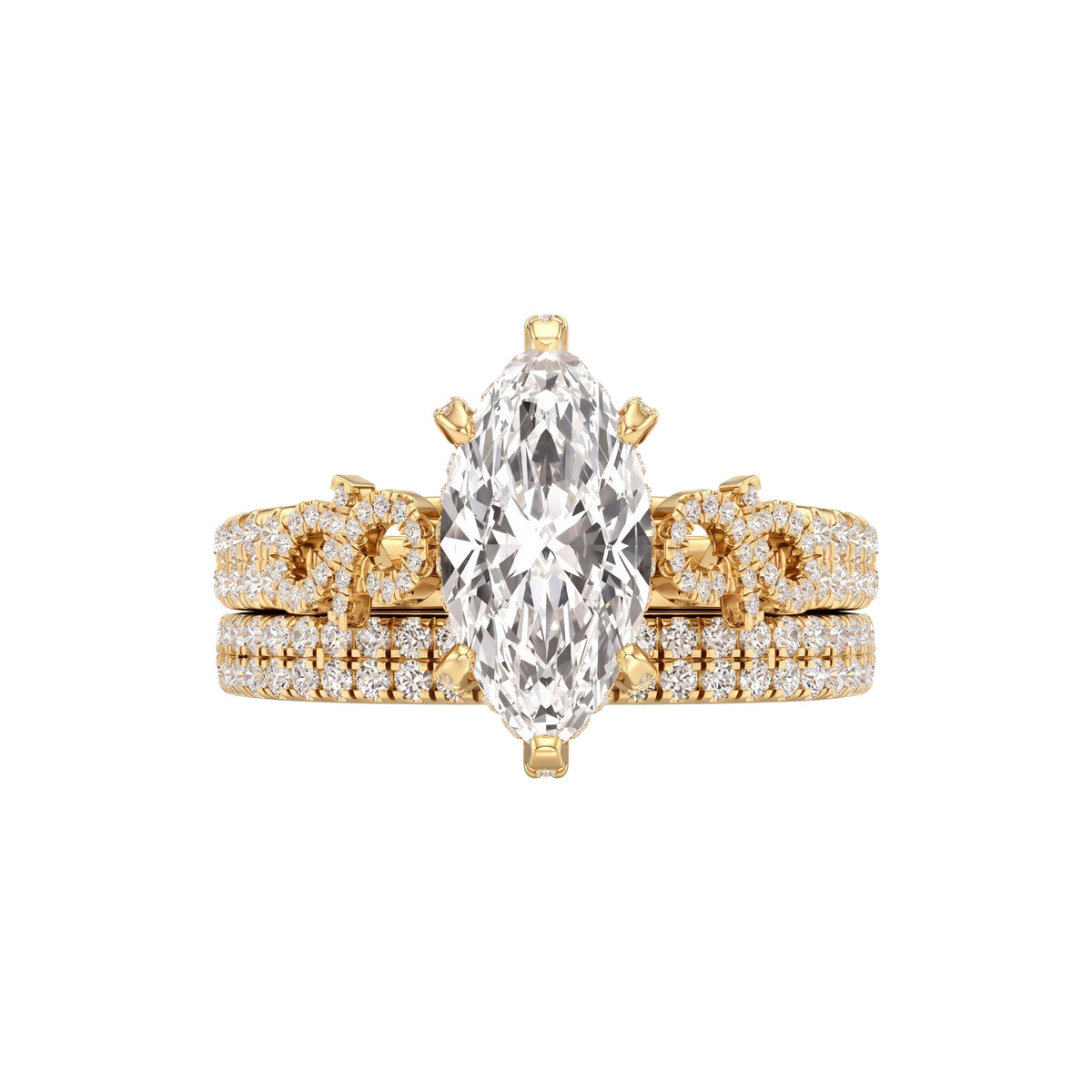 A yellow gold ring set featuring a central marquise-cut clear diamond surrounded by smaller diamonds, with matching pavé bands visible behind it, shown on a plain white background.