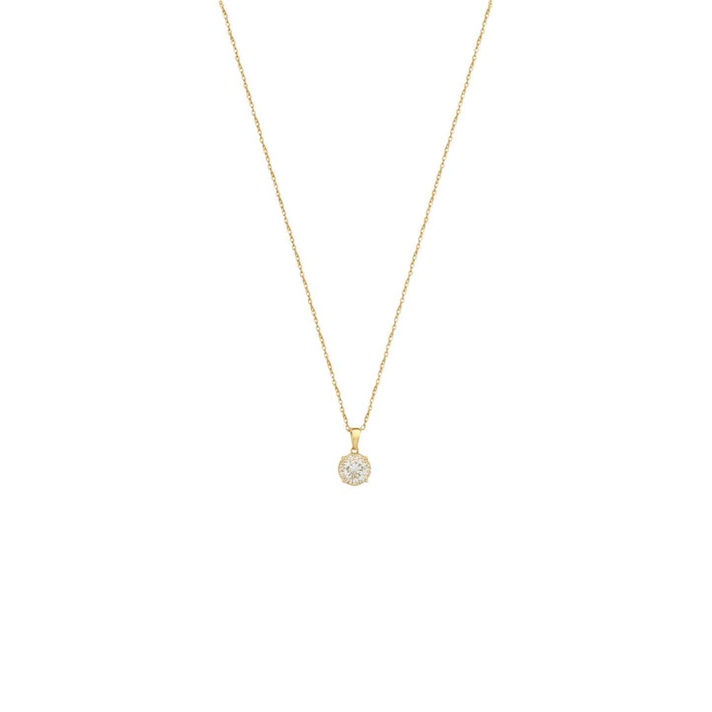 Gold necklace with a small round pendant on a white background