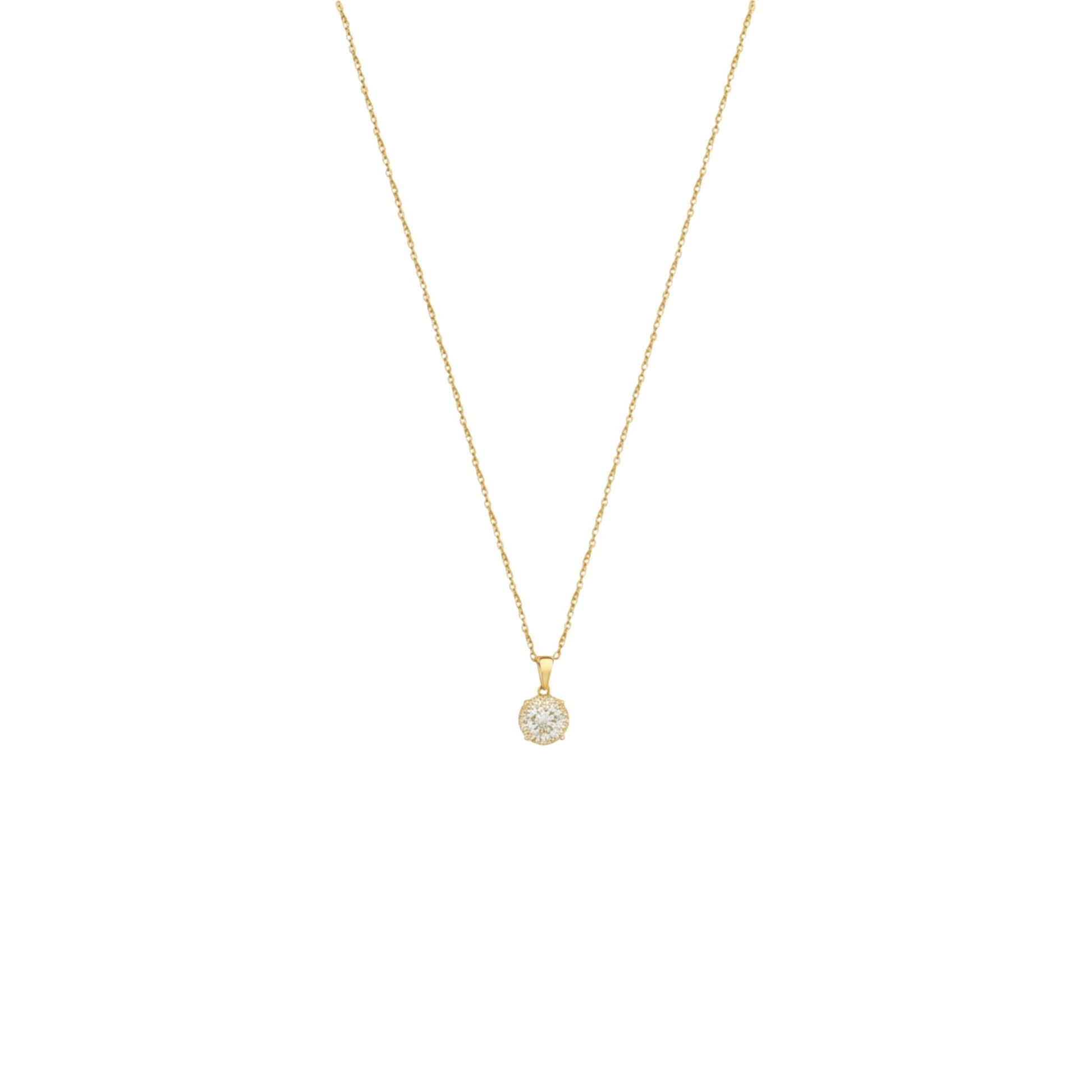 Gold necklace with a small round pendant on a white background