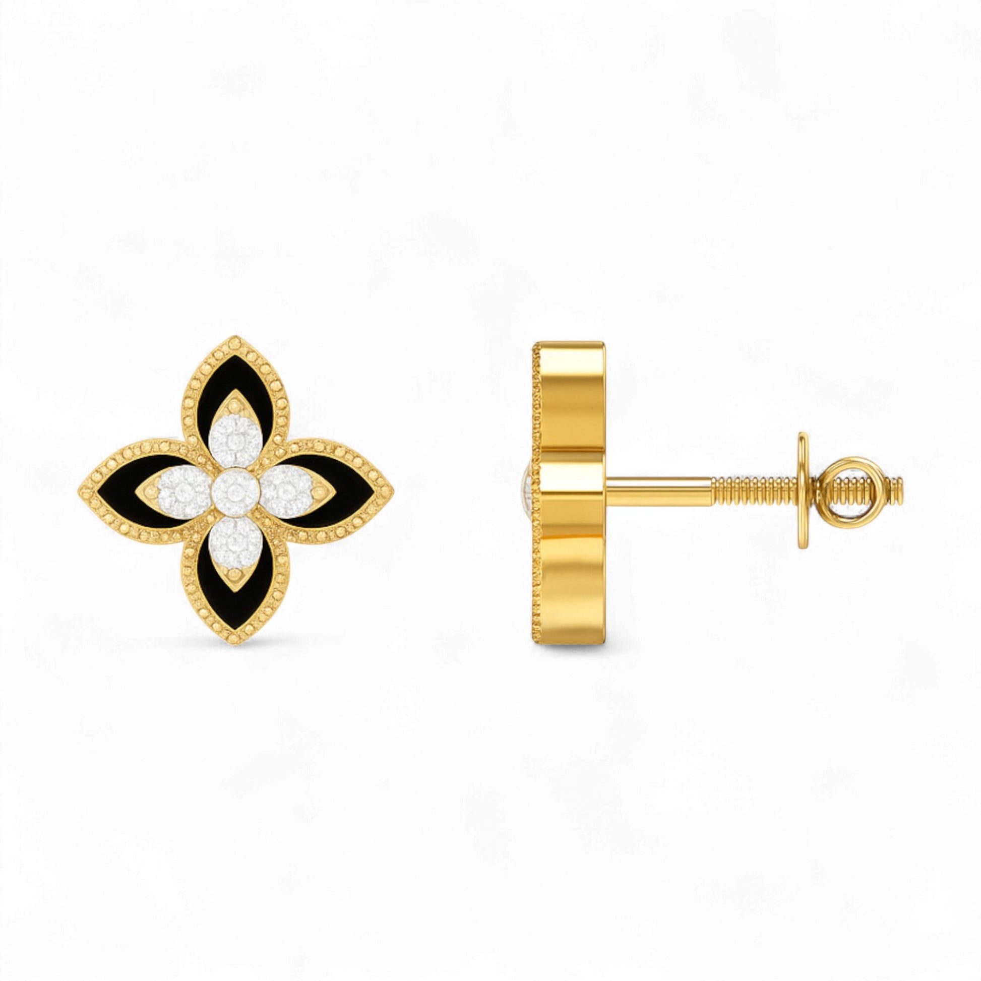 Gold and black floral earring on a white background