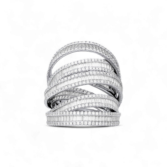 Multi-layered diamond ring on a white background