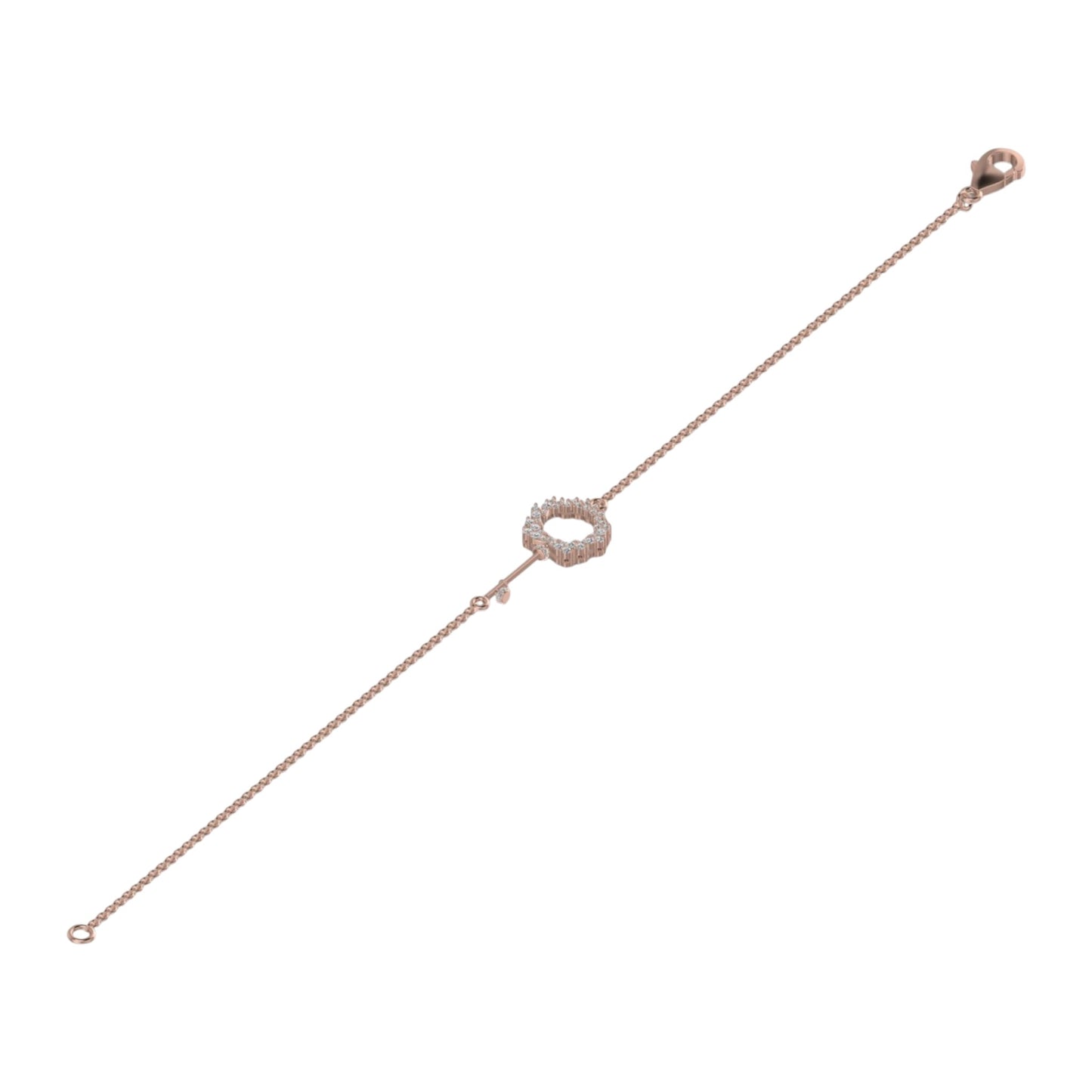 Rose gold bracelet with a heart-shaped clasp on a white background