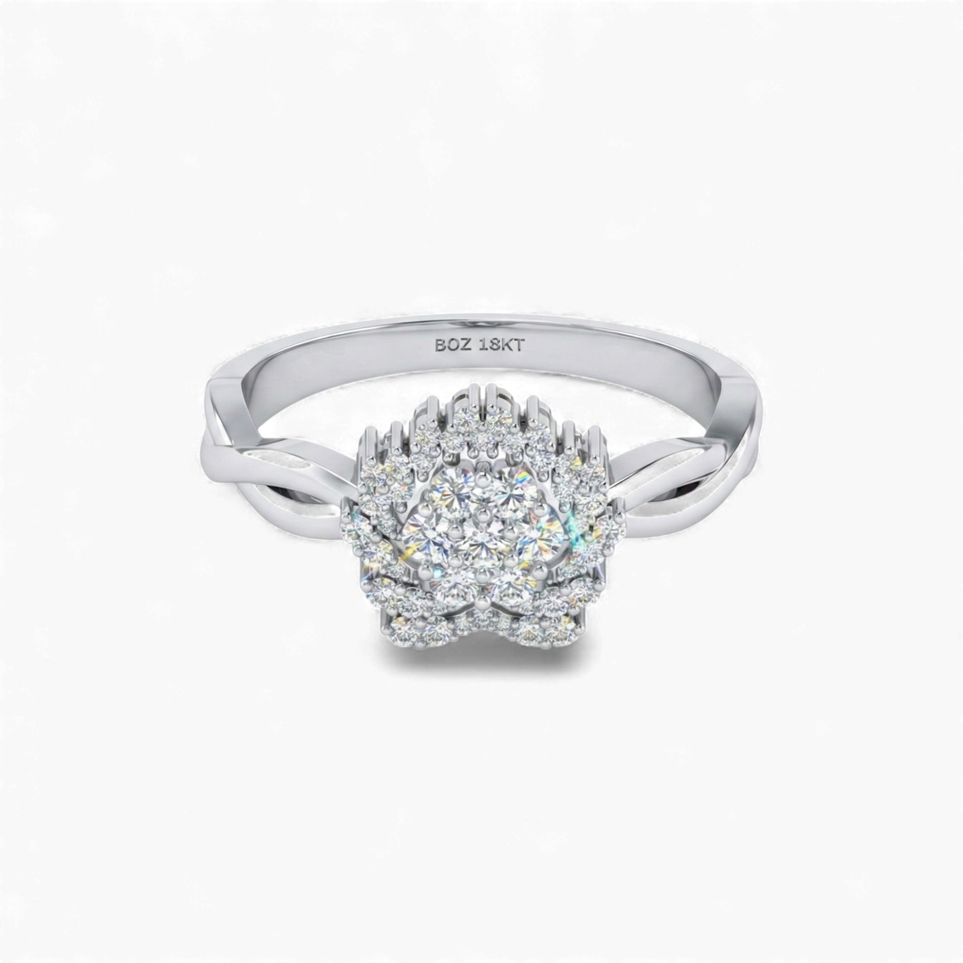 Silver ring with a diamond on a white background