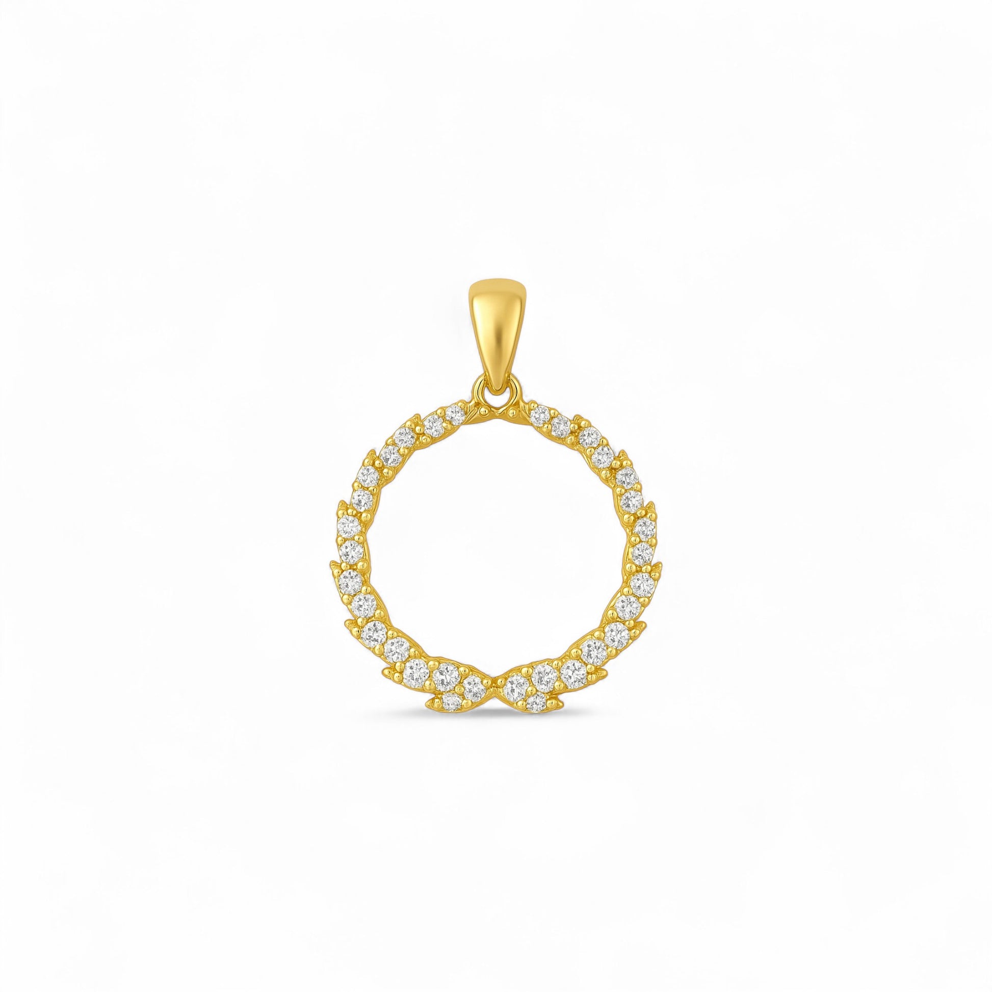 Gold pendant with diamond accents on a white background