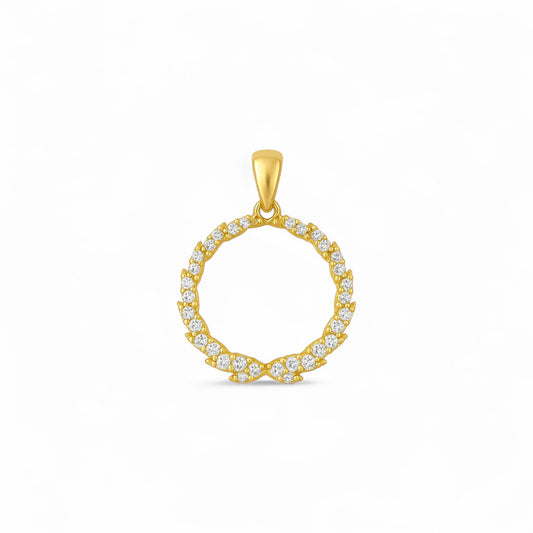 Gold pendant with diamond accents on a white background
