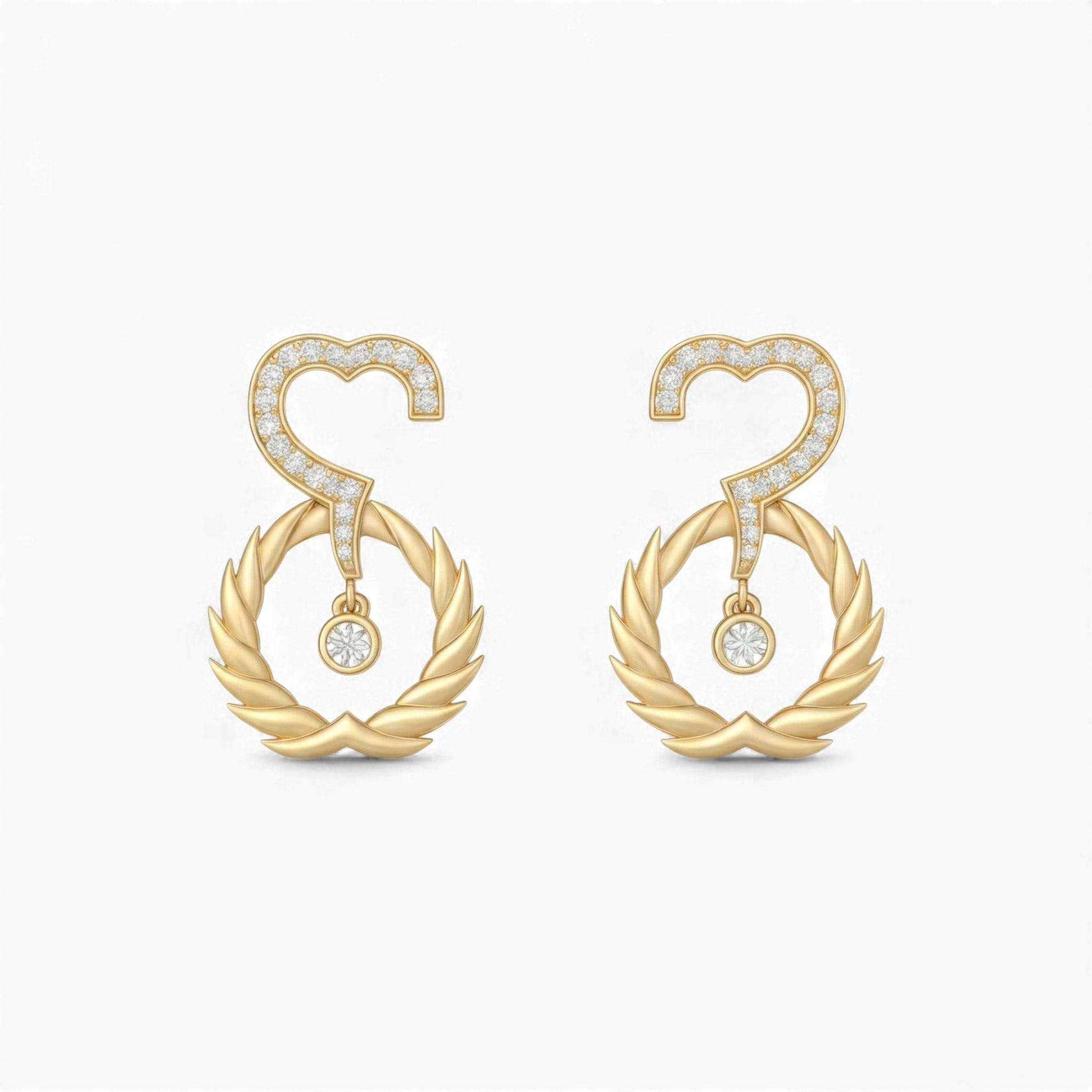 Gold earrings with question mark design on a white background