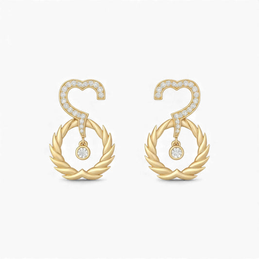 Gold earrings with question mark design on a white background